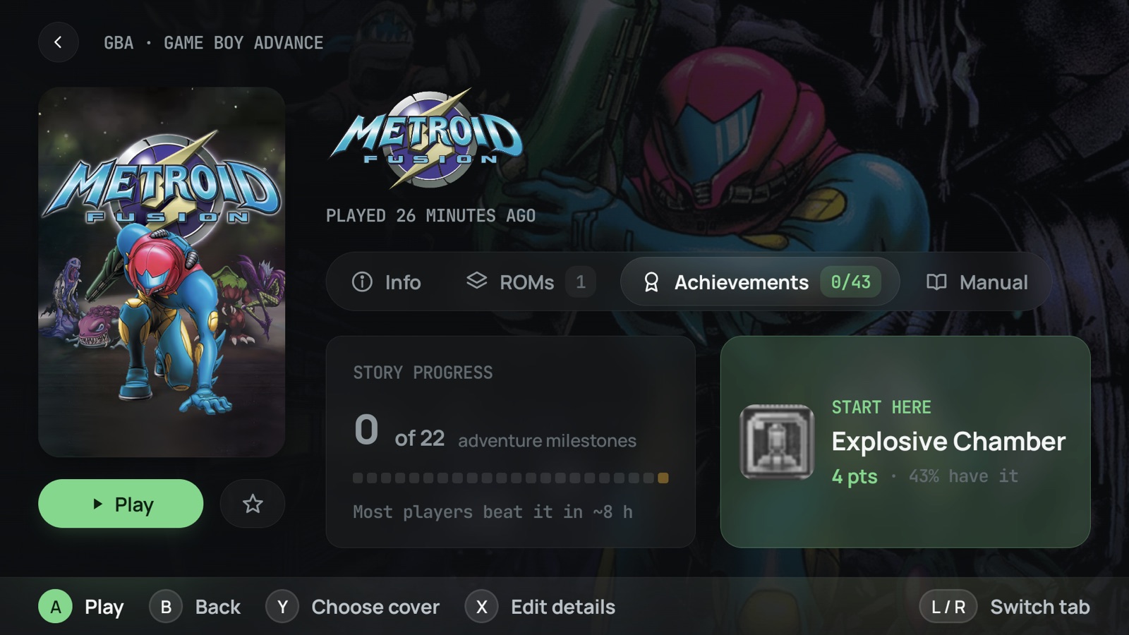 A game page on its Achievements tab: the game's own logo drawn in place of the title, story progress across 22 milestones with how long most players take to beat it, and the achievement to start with, with its points and how many players have it