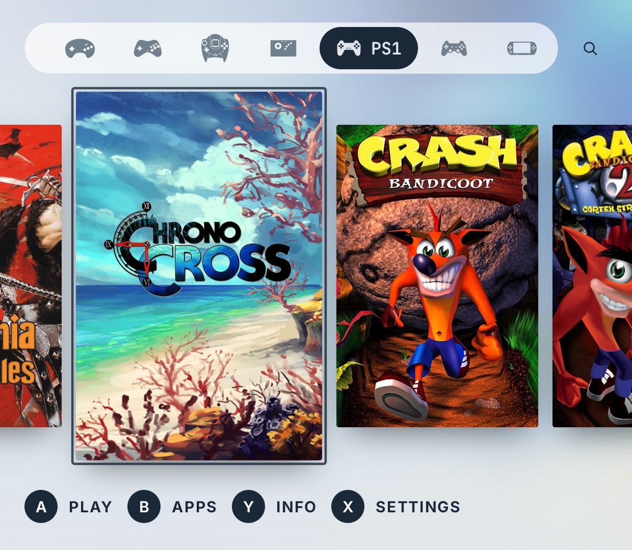 Its lower panel in light: the same tabs, covers and pad legend on a pale ground