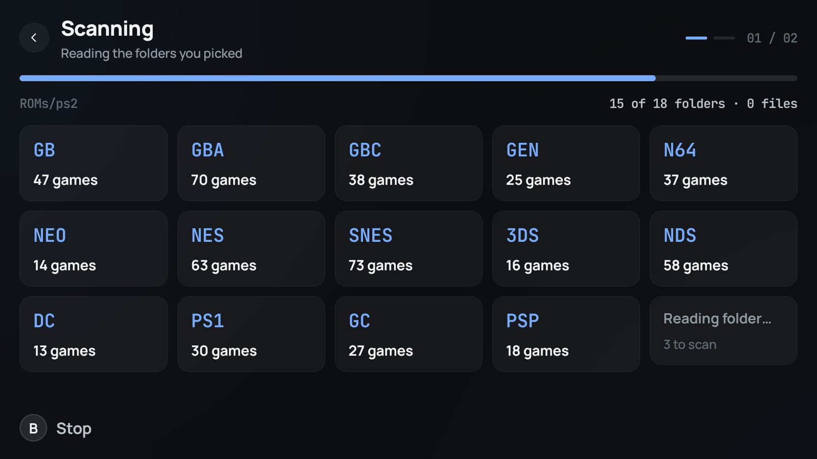 The scan in progress: a card per system as it lands — 73 games, 70 games, 63 games — while the folders are read