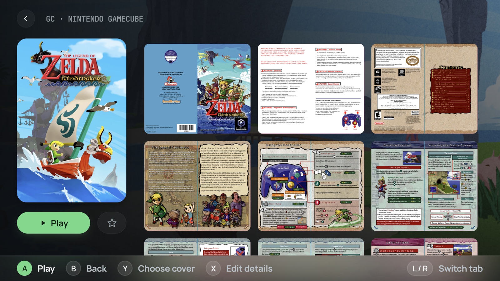 A game page on its Manual tab: the original instruction booklet as a grid of scanned spreads, from the cover and the safety notes to the contents, the controls and the first steps