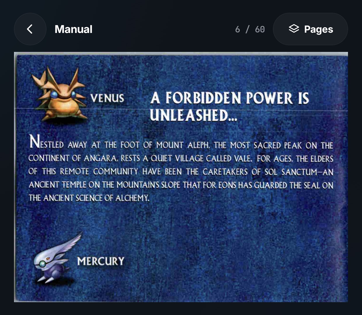 The panel below it, awake: the game's manual open on page 6 of 60, a page of the original booklet filling the panel, with a Pages button to jump to another